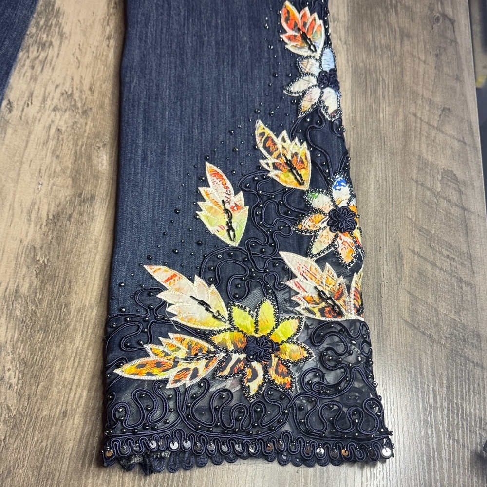 Soft Surroundings Wild Rose Beaded Embroidered Floral Jeans. - Picture 8 of 9